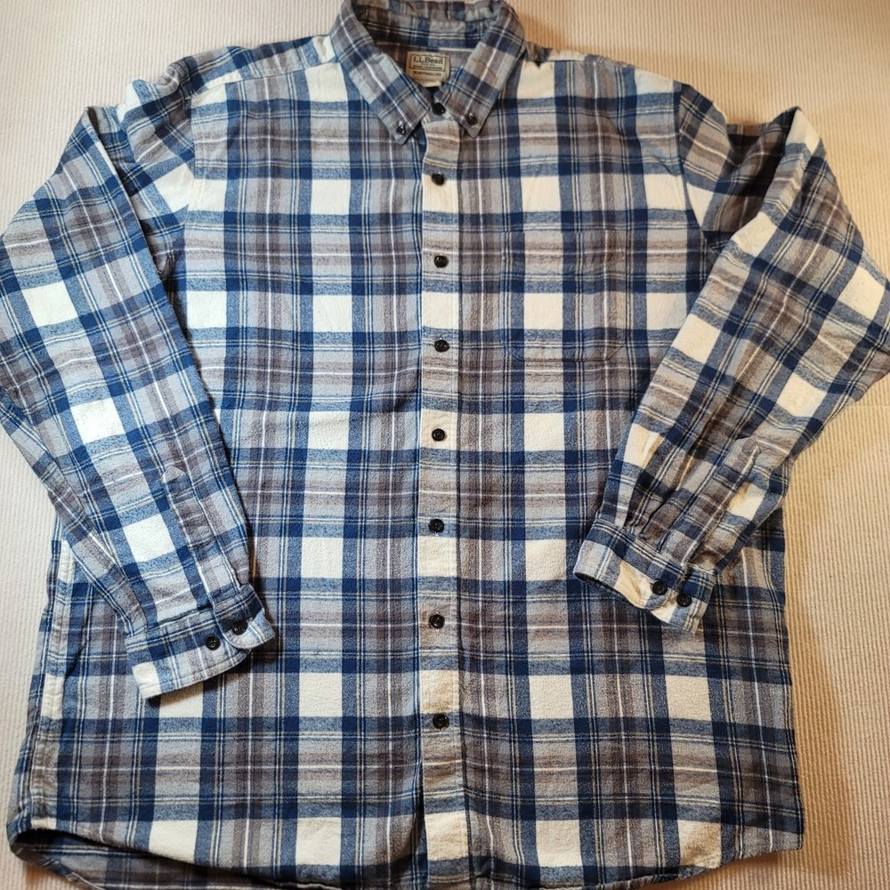 LL Bean Flannel Shirt Traditional Fit Mens XLT Blue Brown Plaid Cotton